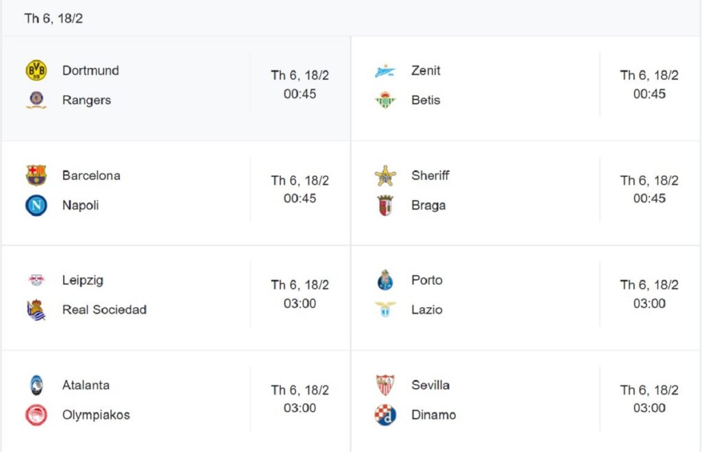 Lịch thi đấu lượt đi vòng play-off Europa League